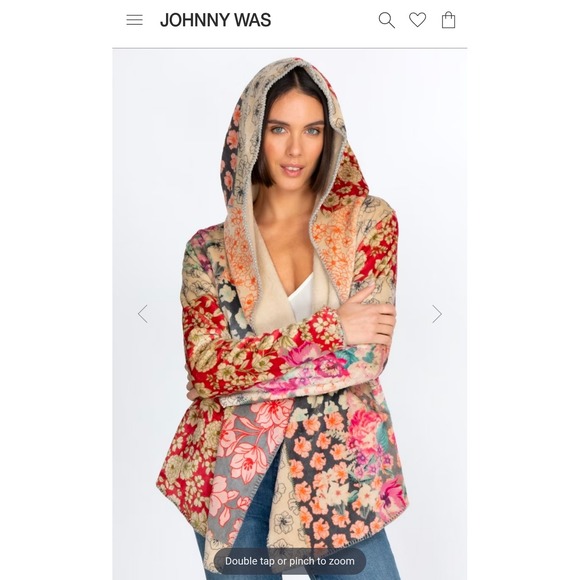 Johnny Was Sweaters - Johnny Was Biya Patchwork Floral Hooded Cardigan Open Front Sherpa Lined Jacket